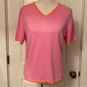 STUDIO 121 SWEATER V-NECK PINK ORANGE CASHMERE SHORT SLEEVE SIZE M